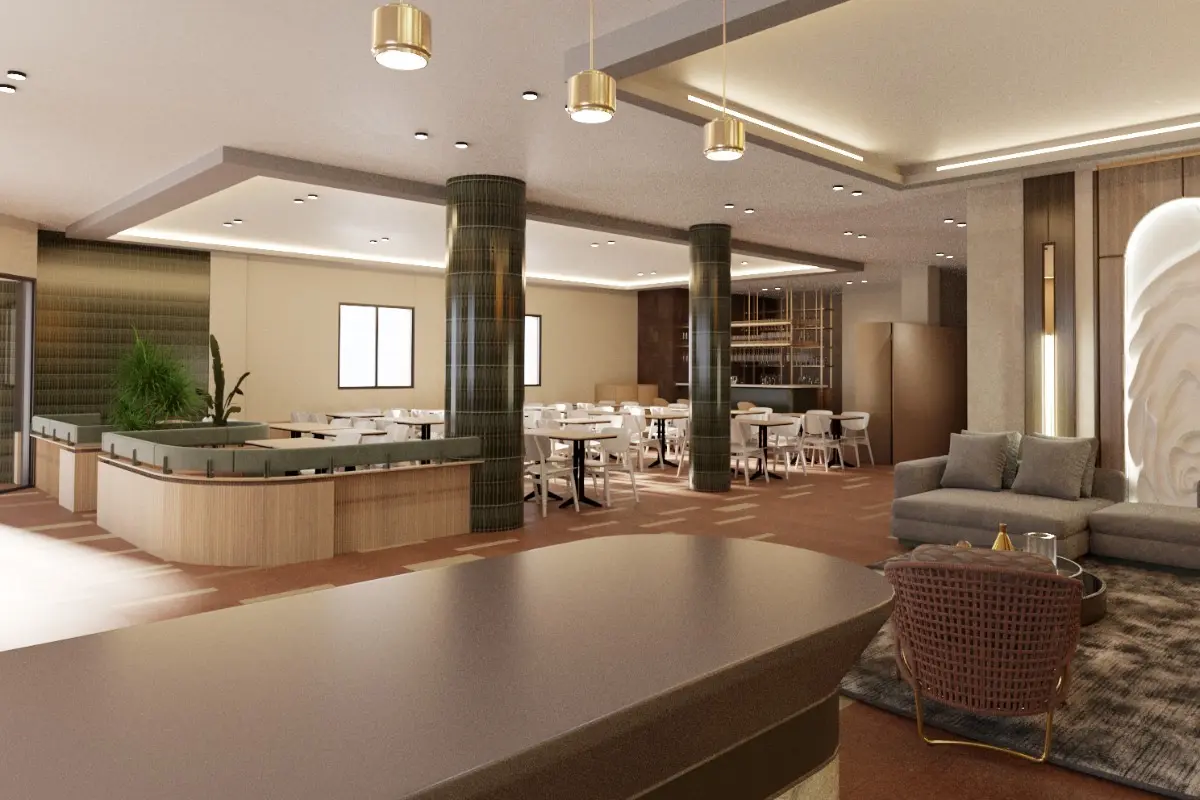 Sala moderna con barra de recepción, columnas y sillones en interior amplio
