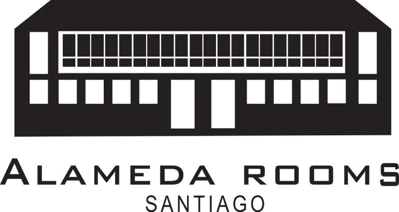 Edificio negro con texto: "ALAMEDA ROOMS SANTIAGO".