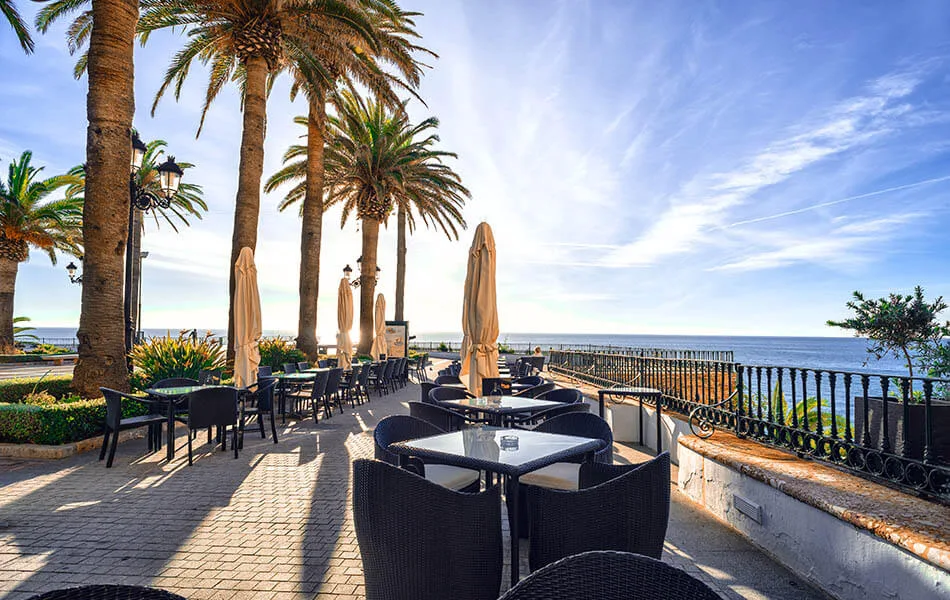 Terraza junto al mar con mesas, sillas, palmeras y cielo despejado.