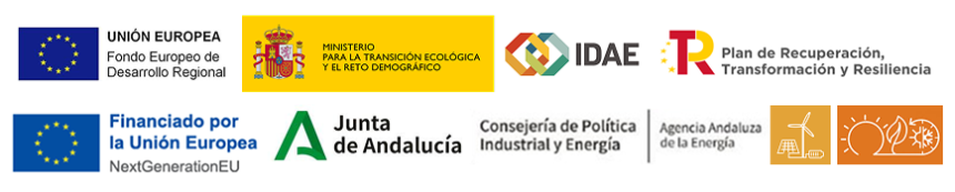 Logos de la UE, Ministerio, IDAE y Junta de Andaluc&iacute;a sobre financiaci&oacute;n y energ&iacute;a.