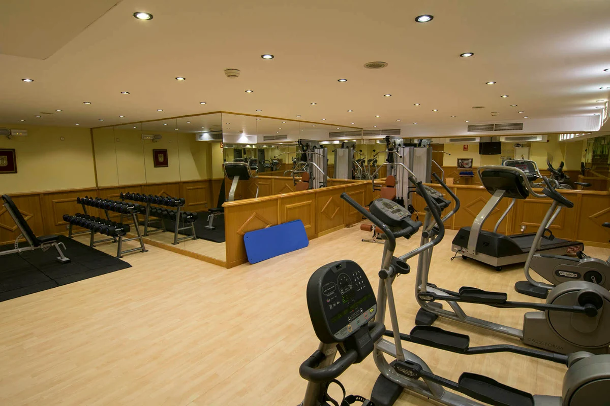 Gimnasio con m&aacute;quinas de cardio, pesas y espejos en las paredes.