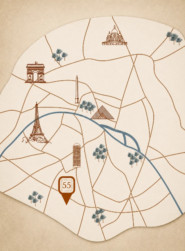 Carte illustr&eacute;e reliant des monuments (tour Eiffel, Arc de Triomphe, mosqu&eacute;e)