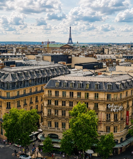 Toits parisiens avec la Tour Eiffel au loin, sous un ciel nuageux