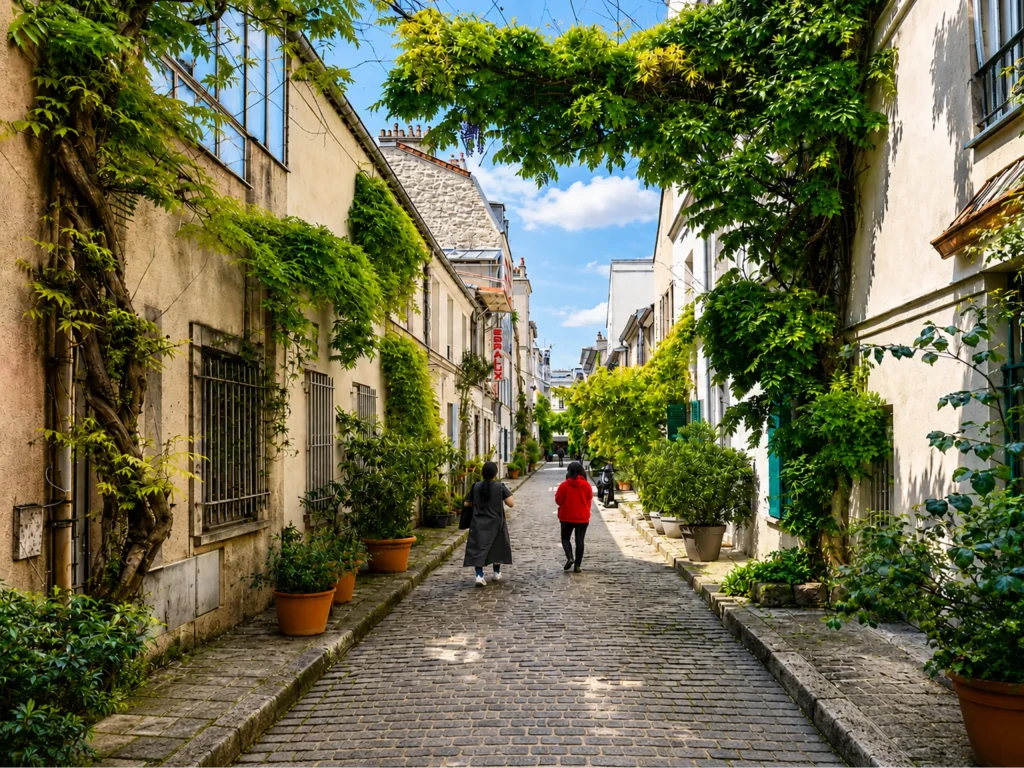 Rue pav&eacute;e bord&eacute;e d&rsquo;immeubles et de plantes vertes, deux personnes marchent