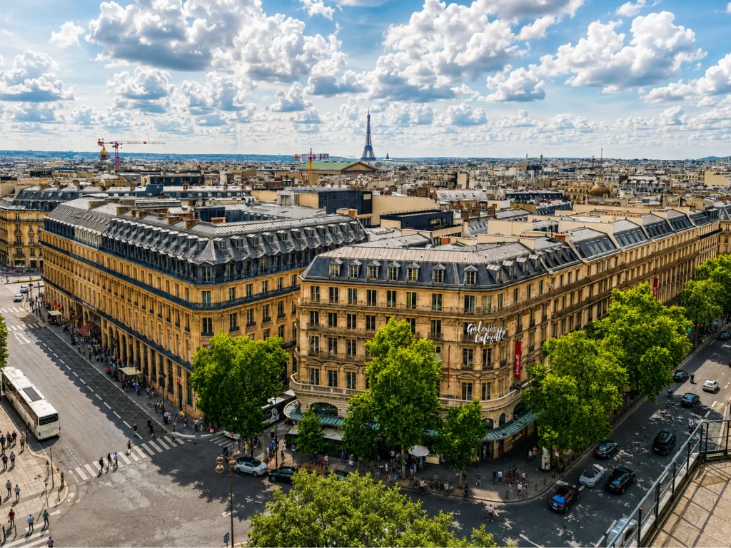 Vue panoramique des toits parisiens et de la tour Eiffel sous des nuages.