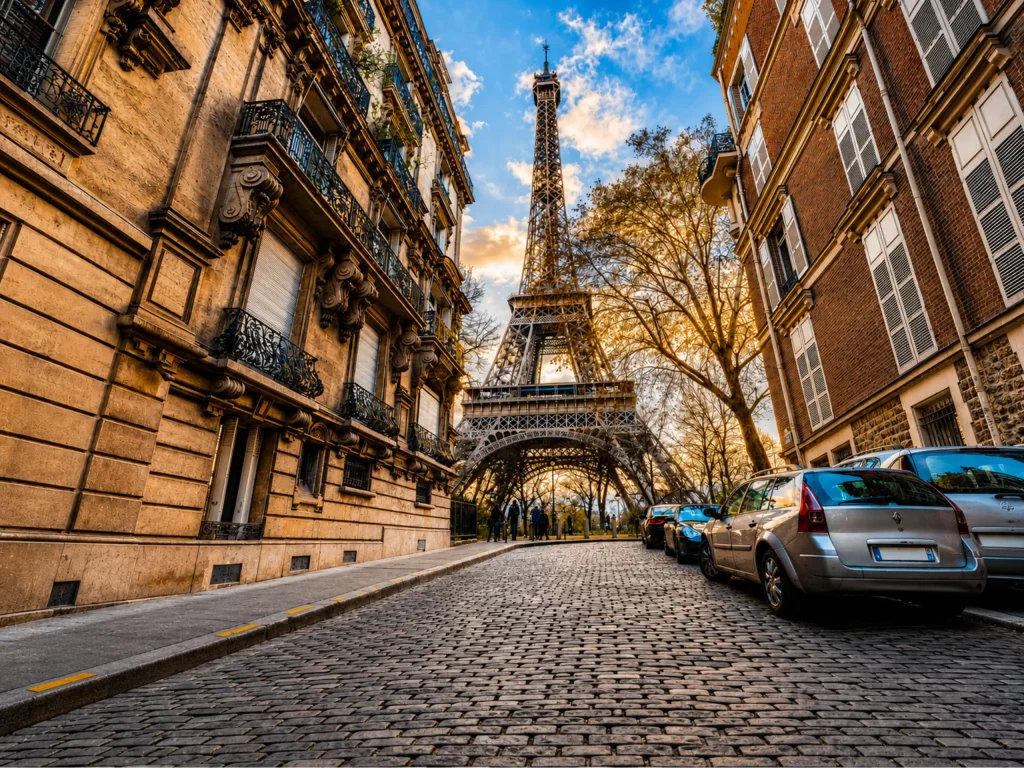 Rue parisienne bord&eacute;e d&rsquo;immeubles, Tour Eiffel au fond, coucher de soleil et voitures