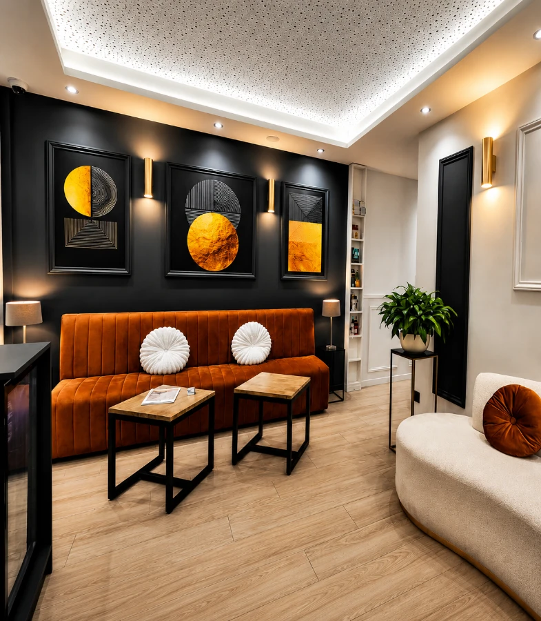 Salon moderne avec canap&eacute; en cuir orange, tableaux abstraits et fauteuil beige