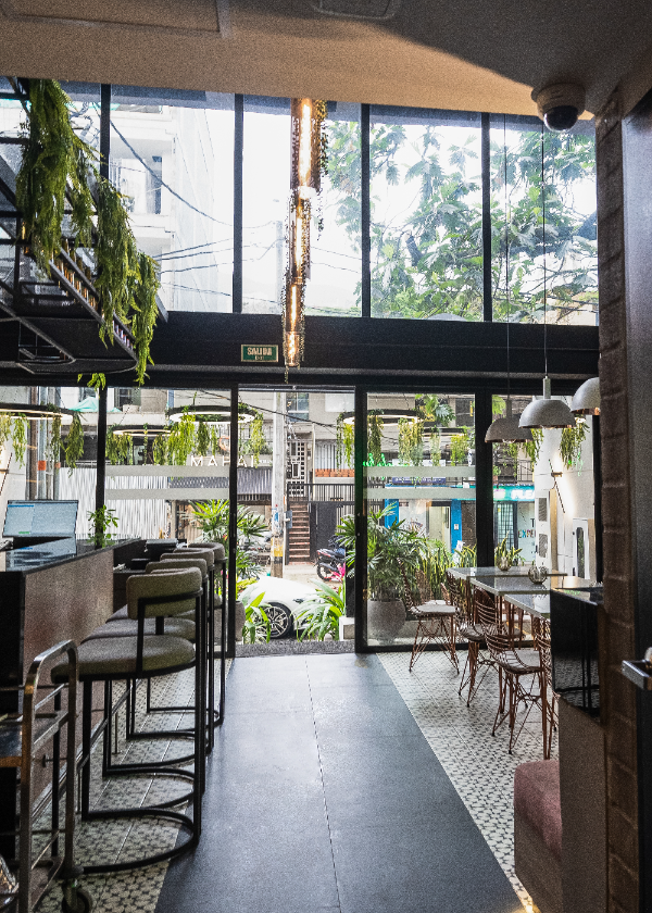 Cafeter&iacute;a moderna con plantas colgantes y luz natural entrando por ventanales.