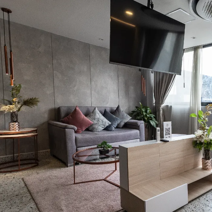 Sala moderna con sof&aacute; gris, cojines coloridos y televisor grande.