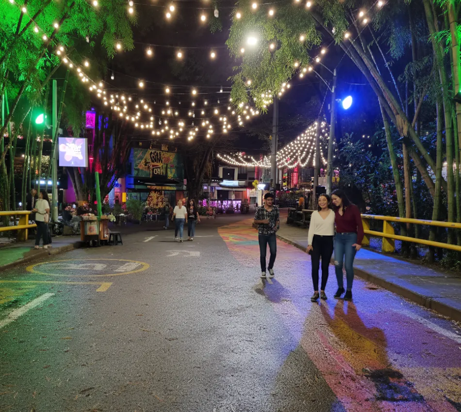 Calle iluminada con luces, personas pasean por la noche en un ambiente colorido.
