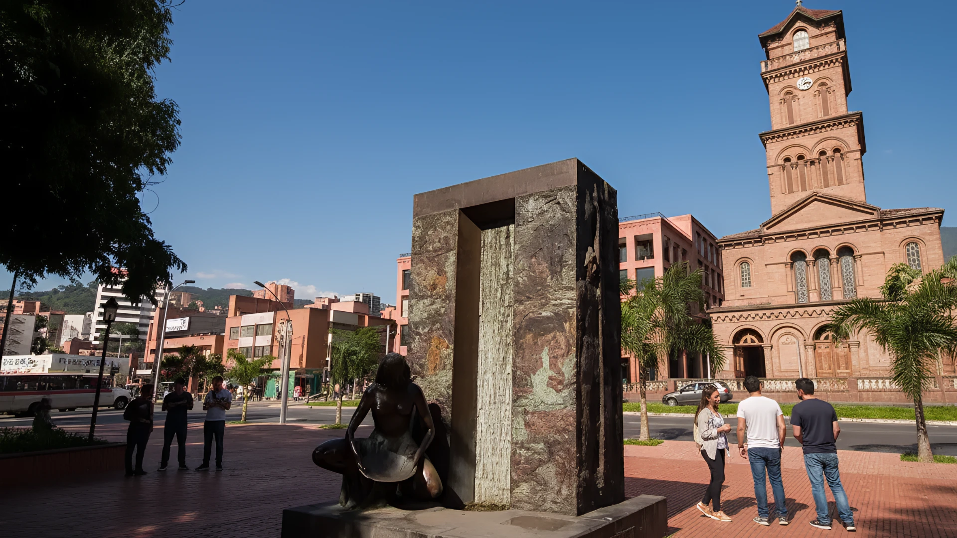 Plaza con escultura y edificio colonial de ladrillo al fondo.