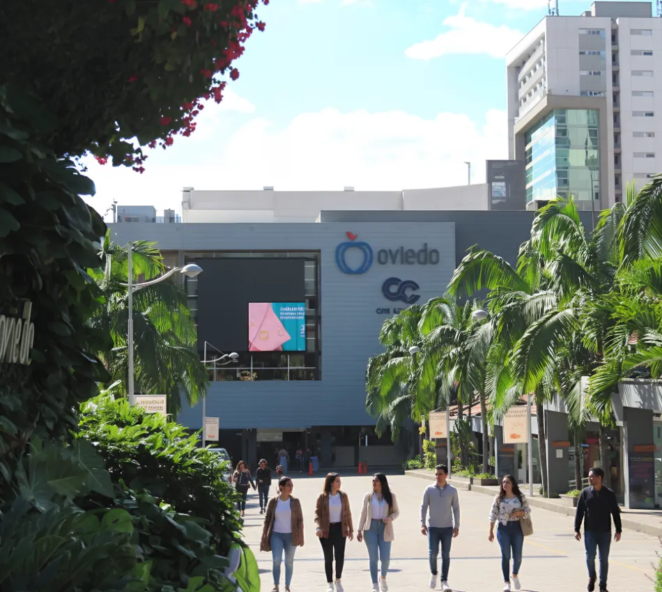 Grupo de personas camina frente a un centro comercial rodeado de palmeras.
