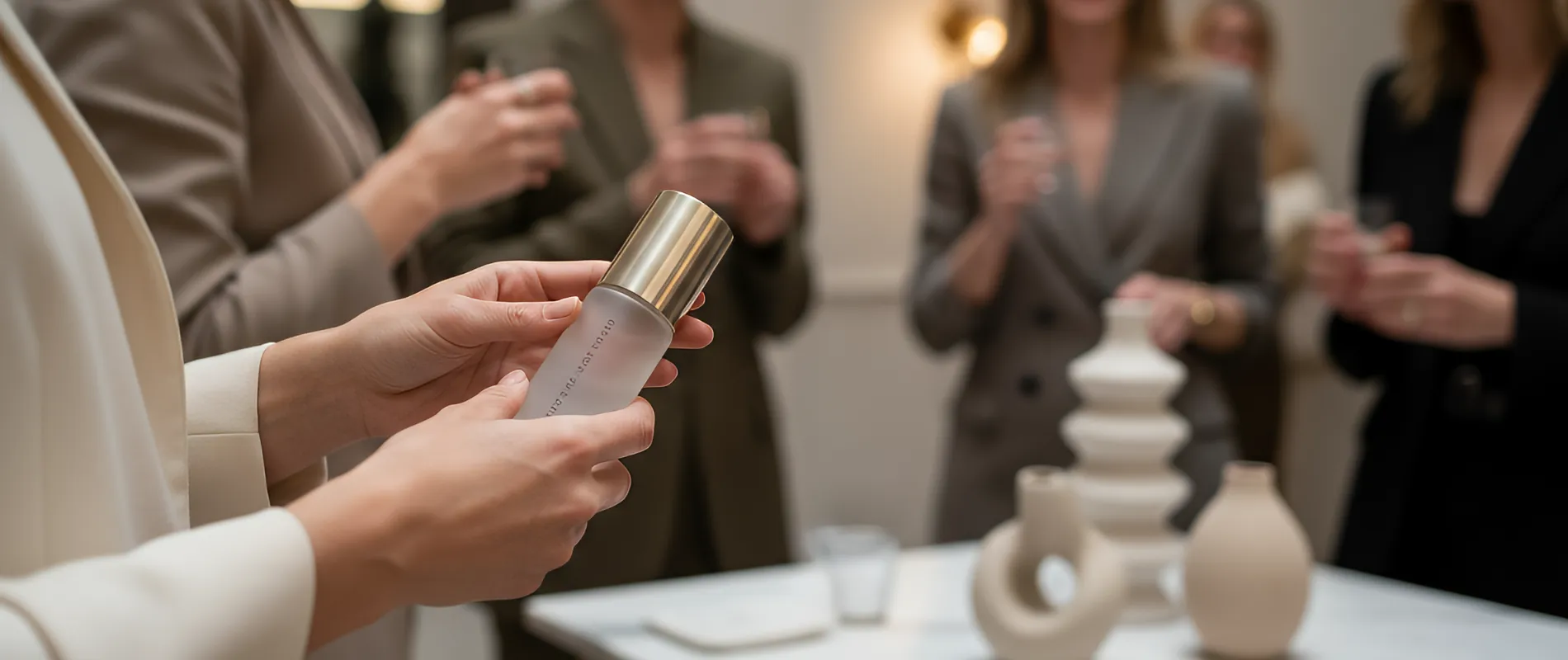 Persona sosteniendo un frasco dorado en un evento elegante.