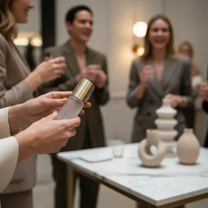 Manos sosteniendo un frasco dorado, personas conversando al fondo.