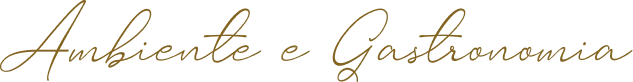 Ambiente e Gastronomia em texto estilizado e cursivo marrom.