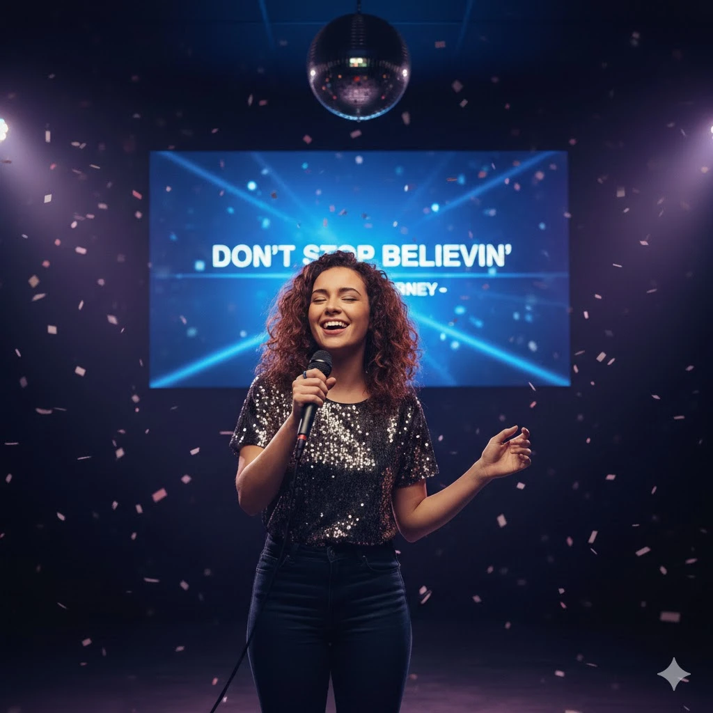 Cantora sorridente em palco cantando sob luzes e chuva de confetes.