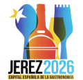 Logotipo Jerez 2026 con antorcha, mar y puente, estilo juego ol&iacute;mpico