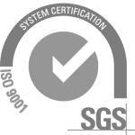 Sello de certificaci&oacute;n SGS con check y sistema de gesti&oacute;n, en gris