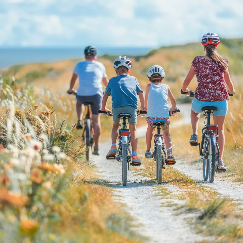Familias pasean en bicicleta con casco por un camino costero con dunas