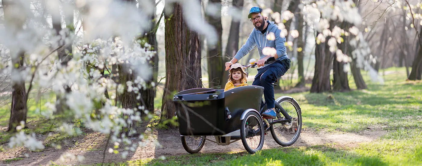Padre con un ni&ntilde;o en triciclo en un parque entre &aacute;rboles en floraci&oacute;n