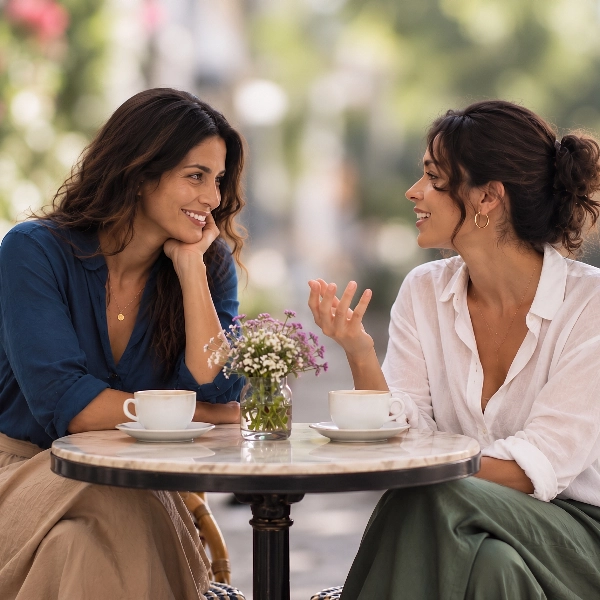 Dos mujeres sonrientes en un caf&eacute;, con tazas y ramo de flores sobre la mesa