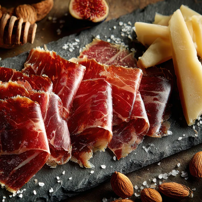 Tiras de jam&oacute;n ib&eacute;rico y queso con higos, almendras y sal en piedra oscura