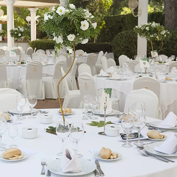 Mesa de banquete con vajilla blanca y centros florales blancos al aire libre.