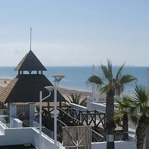Vista de hotel frente al mar, con palmera y sombrilla blanca.