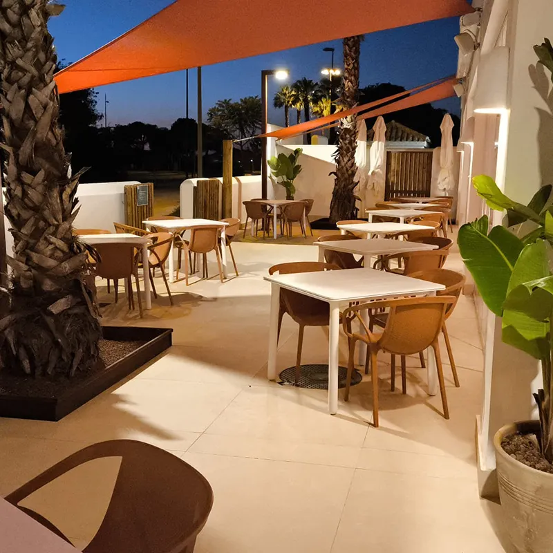 Terraza con mesas y sillas bajo toldos naranjas, palmeras al atardecer