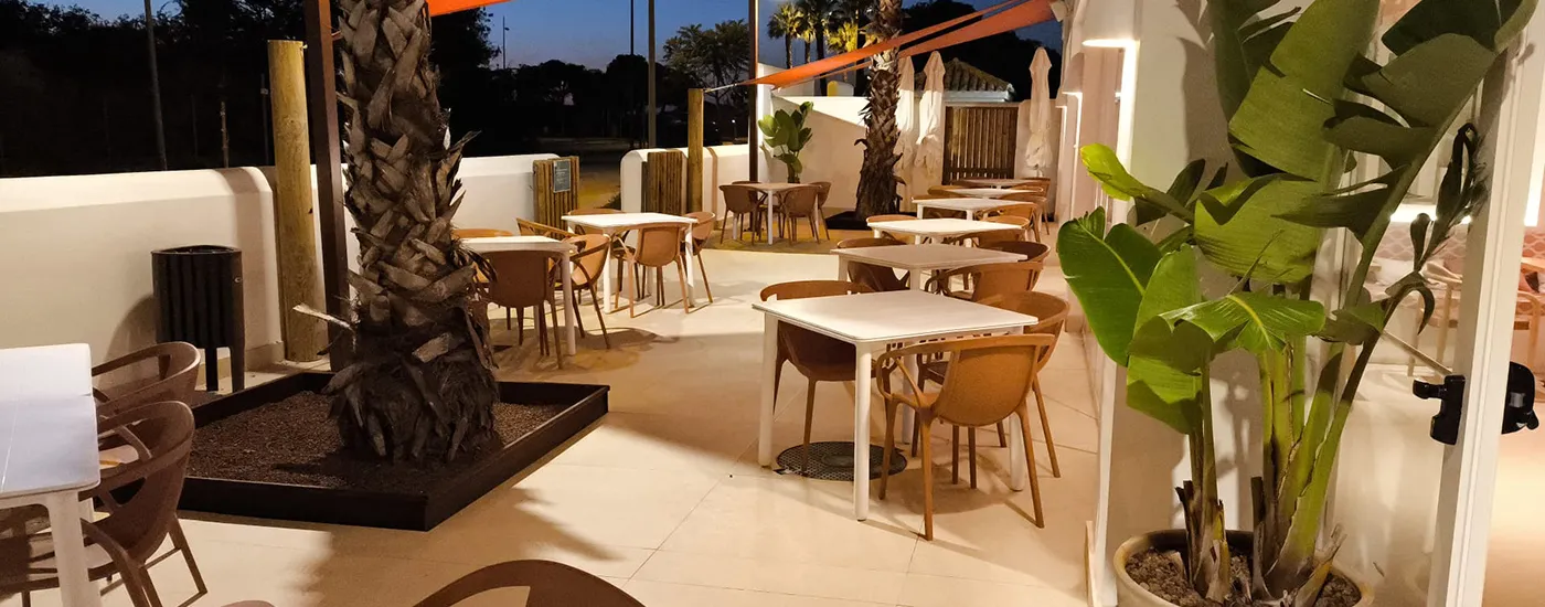 Terraza nocturna con mesa y sillas, palmeras y plantas junto a la baranda