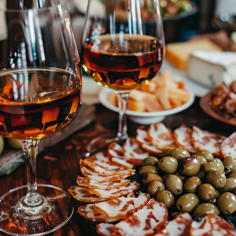 Copas de vino tinto y aperitivos con aceitunas y embutido sobre mesa.