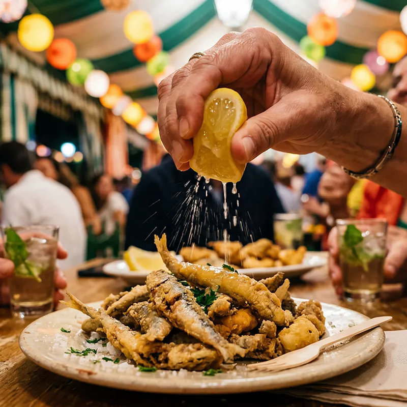 Mano exprimiendo lim&oacute;n sobre pescado frito en una mesa festiva al aire libre