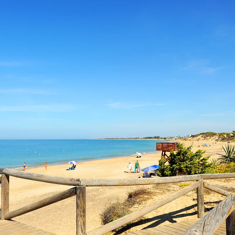 Playa de arena dorada con mar azul y ba&ntilde;istas bajo el cielo despejado