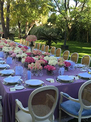 Mesa de banquete al aire libre con flores y sillas azules en el jard&iacute;n