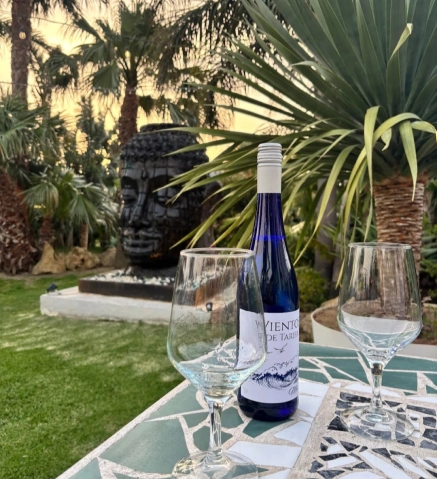 Botella de vino y copas en mesa de mosaico, jard&iacute;n con palmeras al fondo.