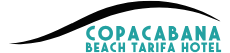 Texto: "Copacabana Beach Tarifa Hotel con fondo negro y letra turquesa".