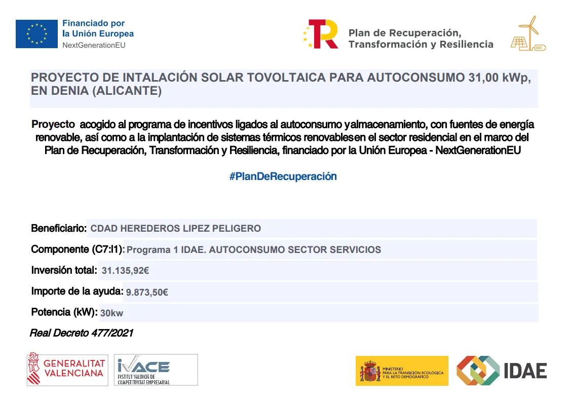 Proyecto instalaci&oacute;n solar fotovoltaica 31 kWp en Denia (Alicante)