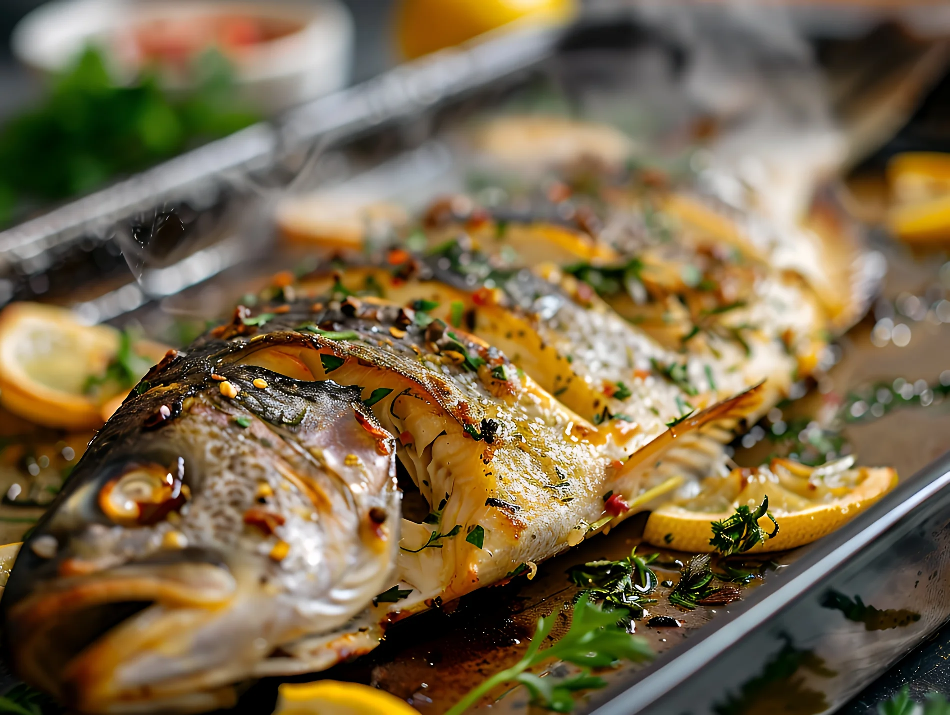 Peixe assado com ervas e fatias de lim&atilde;o em uma bandeja.
