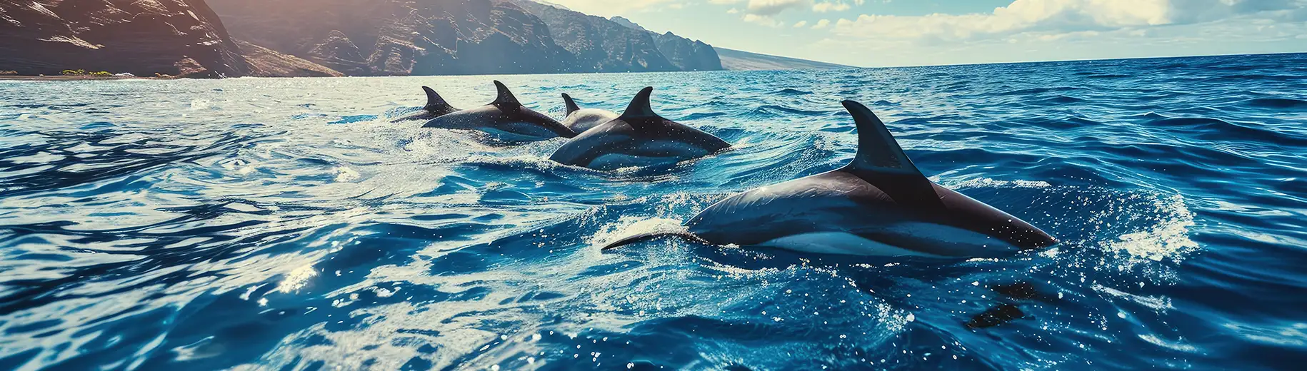 Dolphins swimming in the ocean with mountains in the background.