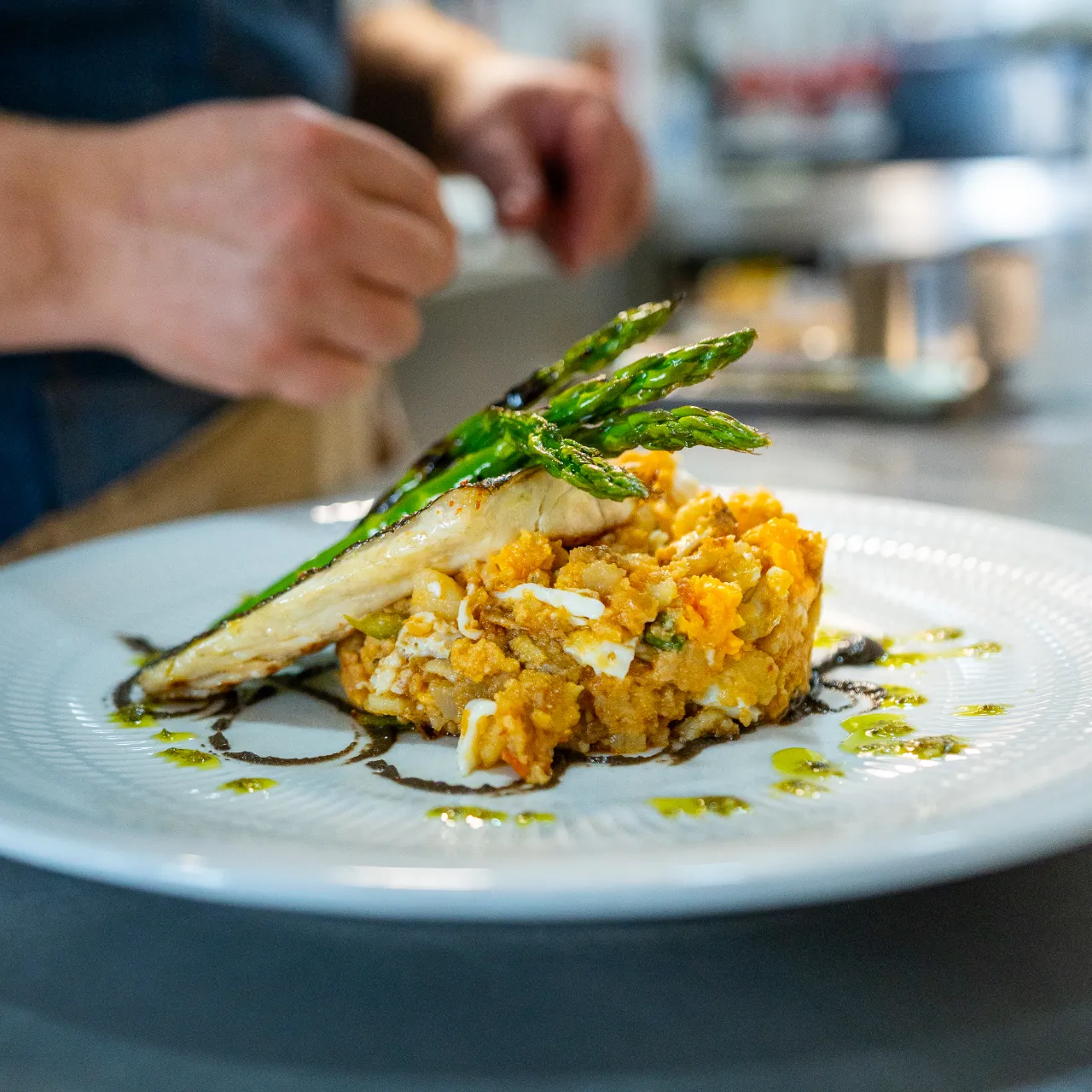 Prato gourmet com peixe, aspargos e pur&ecirc; decorado com molho.