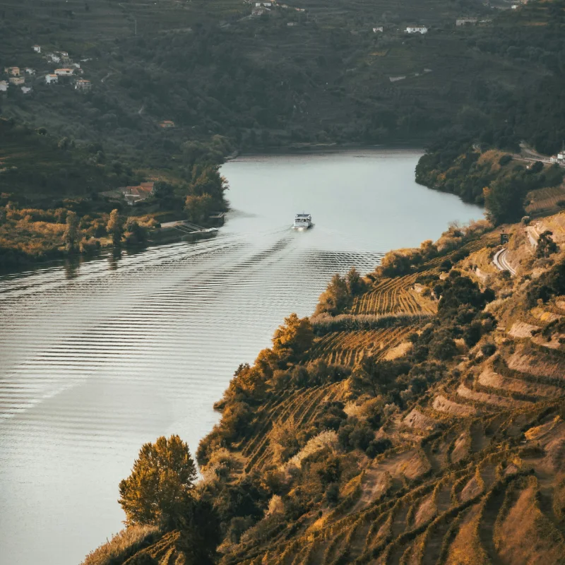 Paisagem com rio, barco e colinas verdejantes ao entardecer.