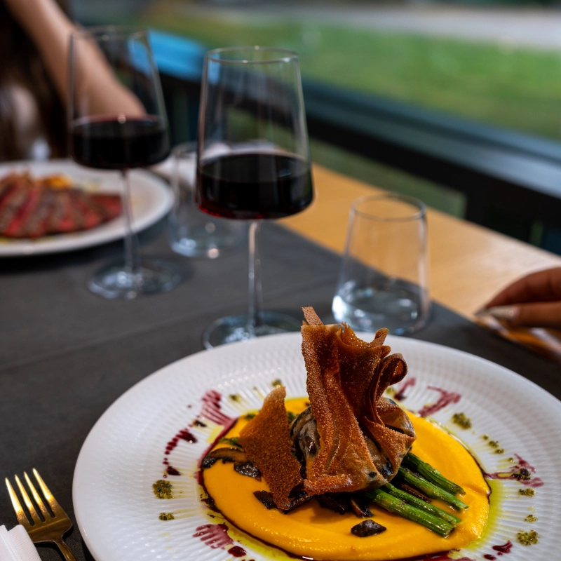 Prato gourmet com vegetais e crocante, acompanhado de ta&ccedil;a de vinho tinto.