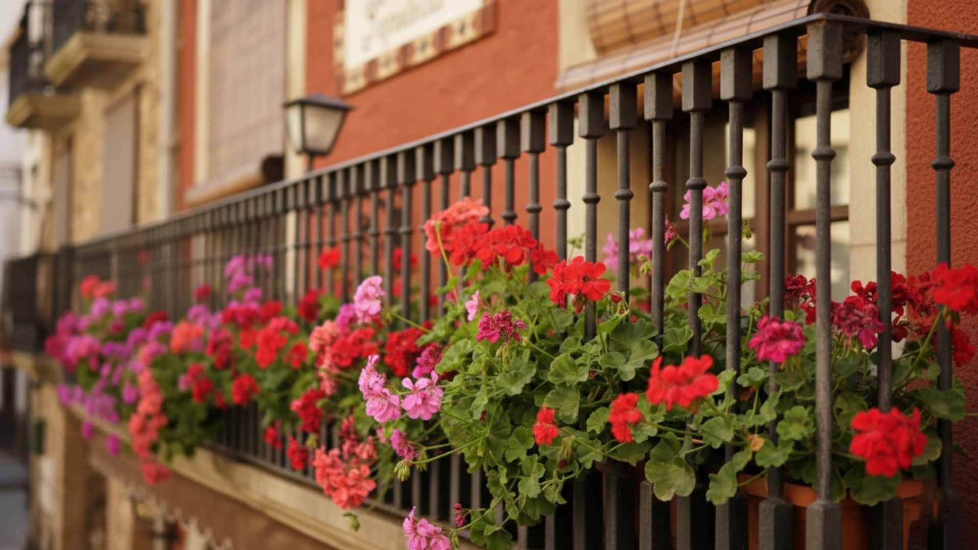 Plantes amb flors vermelles i roses a la barana d'un balc&oacute; de ferro forjat.