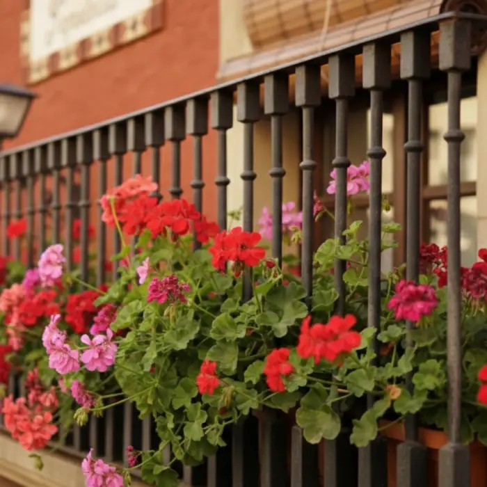 Flors de colors al balc&oacute; darrere una barana met&agrave;l&middot;lica.