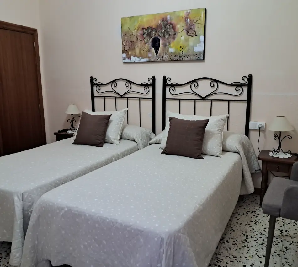 Dues llits amb cap&ccedil;als de ferro i quadre floral a la paret.