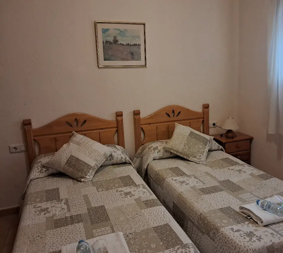 Habitaci&oacute; amb dos llits, llen&ccedil;ols clars i un quadre penjat a la paret.