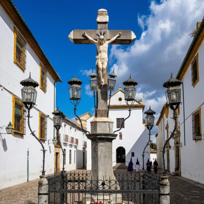 Crucifijo rodeado de faroles en una plaza empedrada con edificios blancos al fondo.
