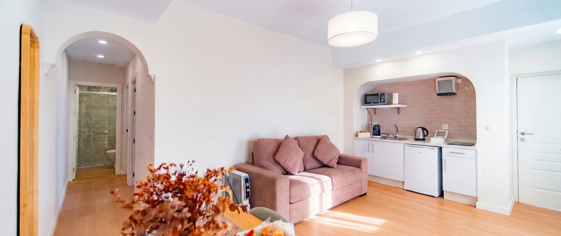 Sala con sof&aacute; marr&oacute;n, cocina integrada y pasillo hacia el ba&ntilde;o. Luz c&aacute;lida y decoraci&oacute;n sencilla.