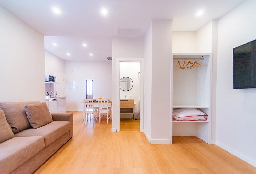 Sala moderna con sof&aacute;, cocina, comedor, cl&oacute;set abierto y televisor en pared blanca.