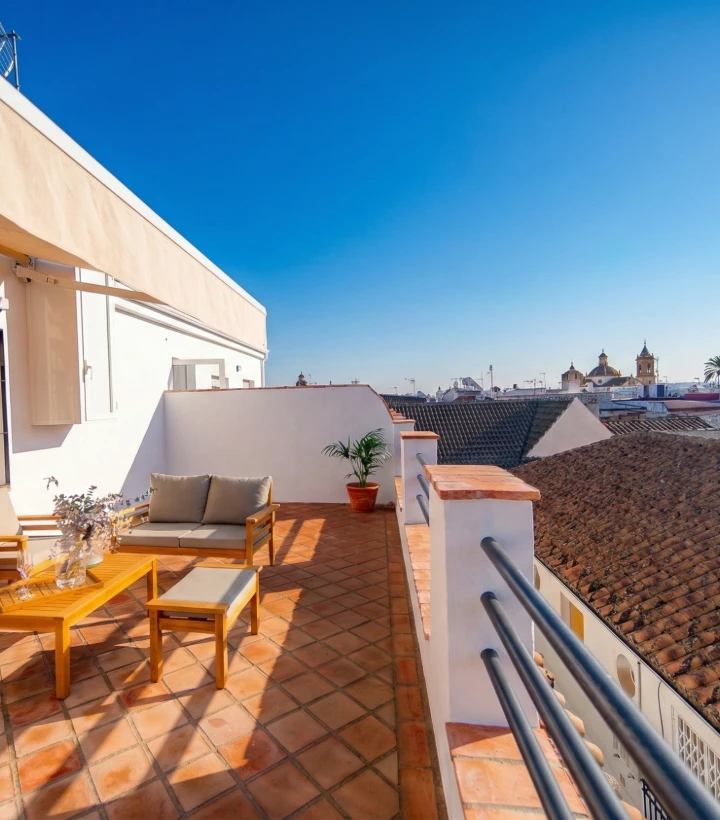 Terraza con muebles de madera, planta en maceta y vista a tejados bajo un cielo despejado.